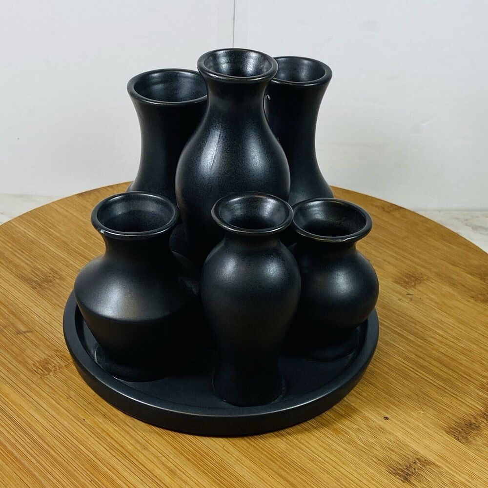 Ceramic 6 Different Sizes Vases In A Tray Black New - Picture 2 of 5